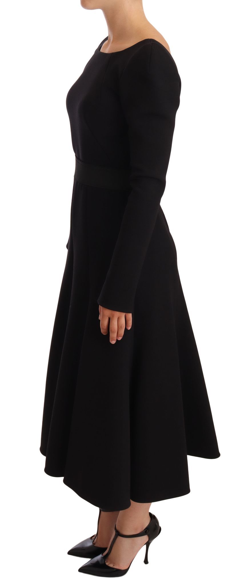 Robe fourreau noire en laine stretch à dos ouvert