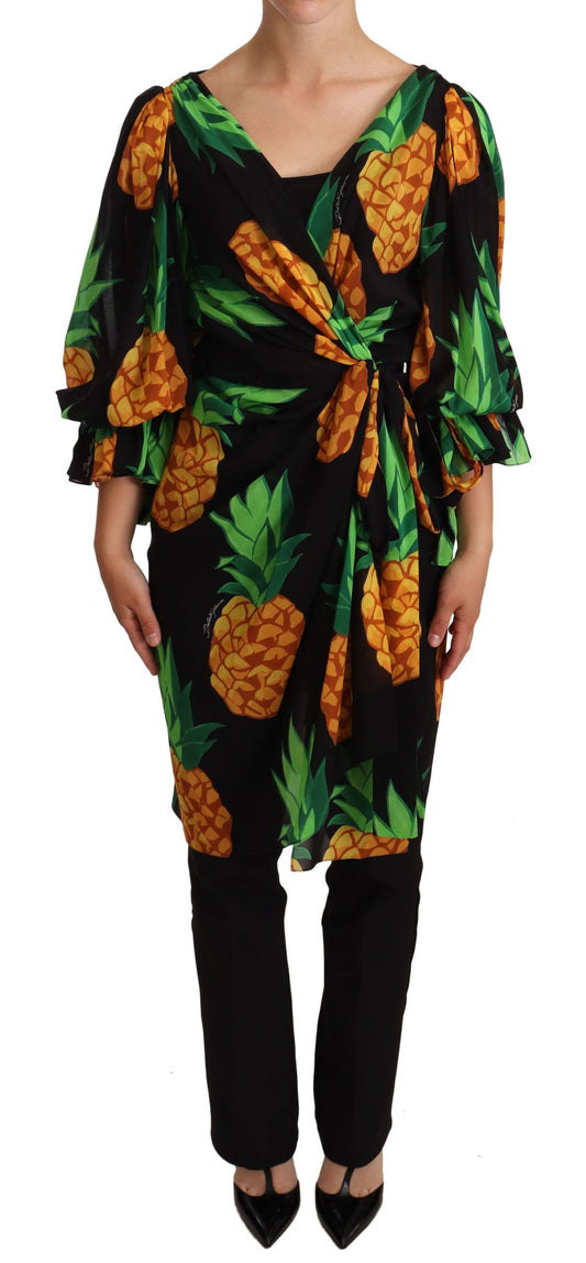 Schwarzes Wickelkleid aus Stretch-Seide mit Ananas-Print