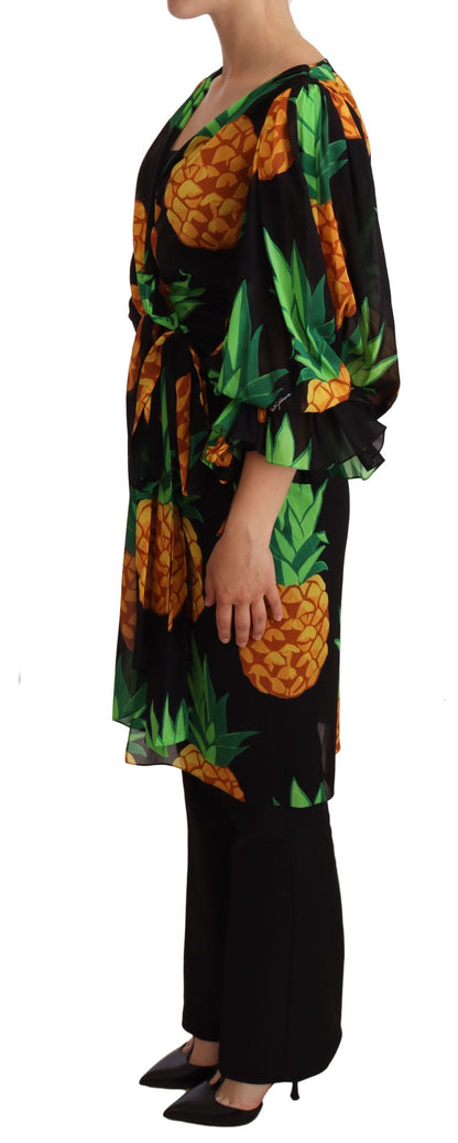 Schwarzes Wickelkleid aus Stretch-Seide mit Ananas-Print