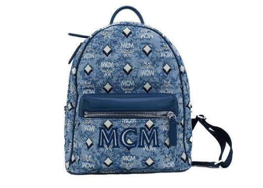 Stark Kleine blaue Vintage-Jacquard-Monogramm-Logo-Stoff-Rucksack-Büchertasche