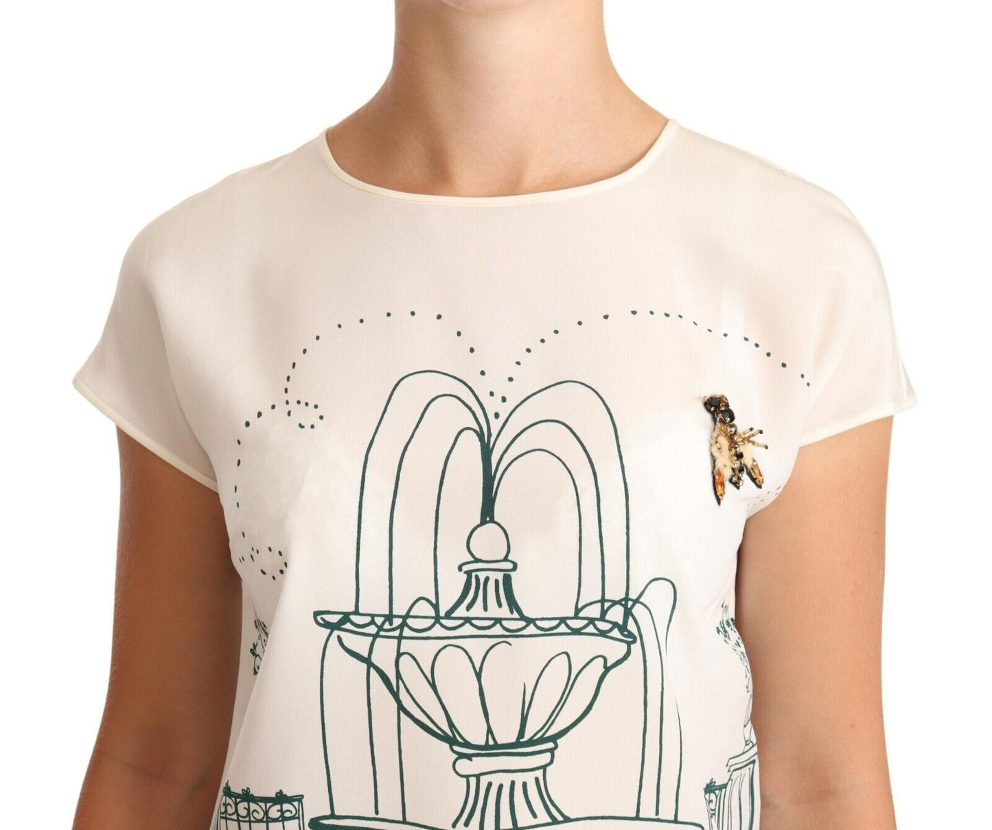 Chemisier t-shirt fontaine de jardin en soie blanche