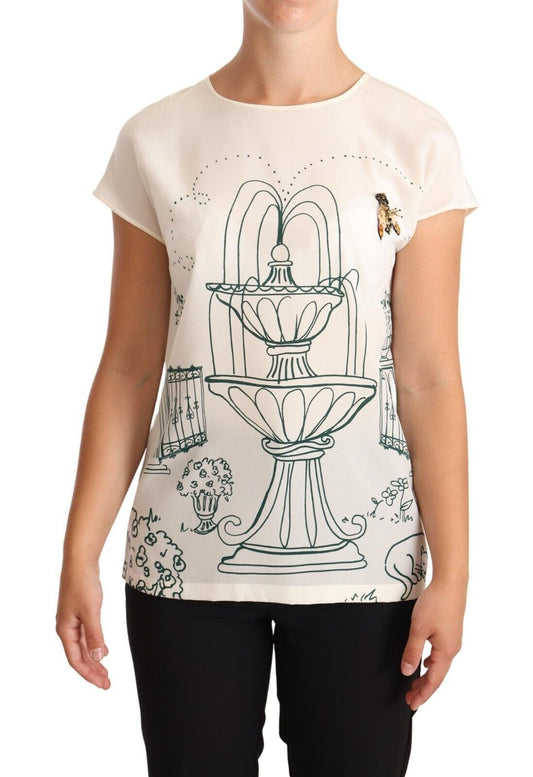 Camicetta T-shirt con fontana da giardino in seta bianca