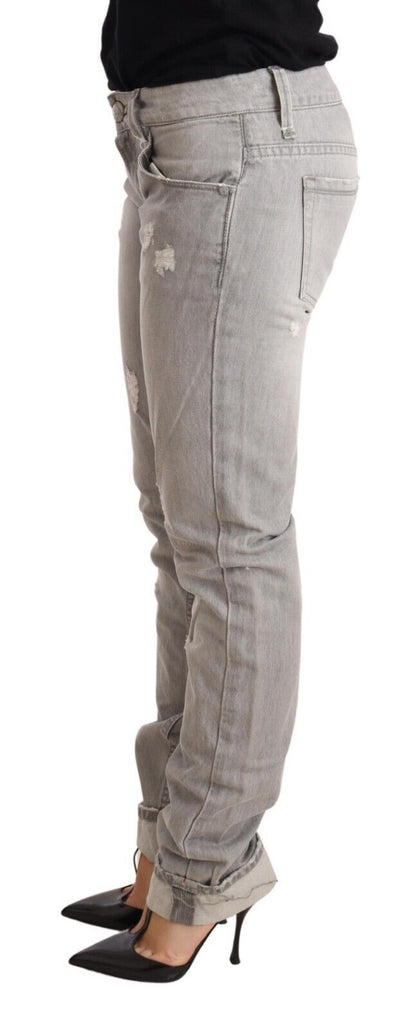 Jeans denim da donna in cotone strappato slim fit con orlo piegato grigio