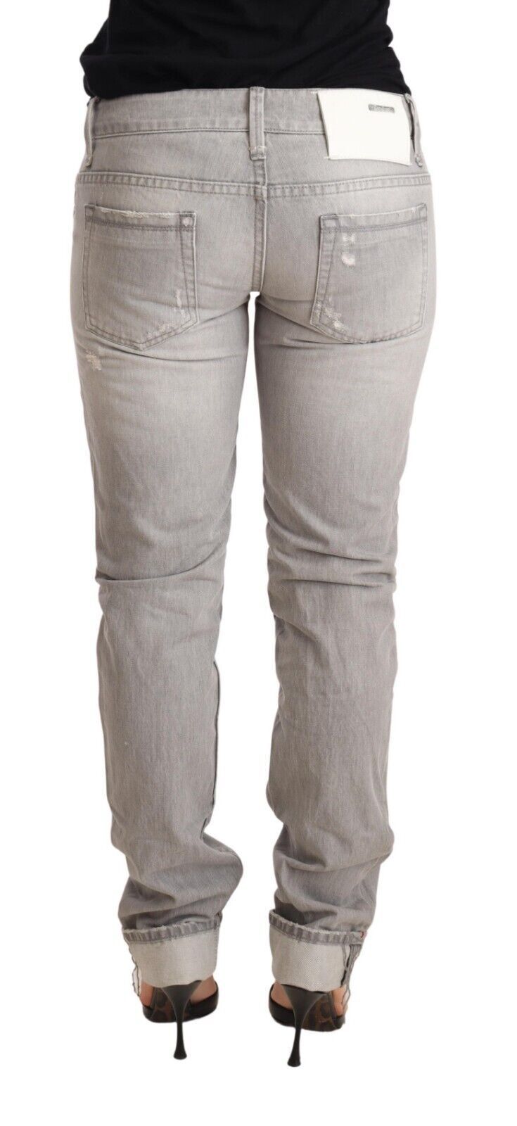 Graue Damen-Denimjeans aus zerfetzter Baumwolle mit schmaler Passform und gefaltetem Saum