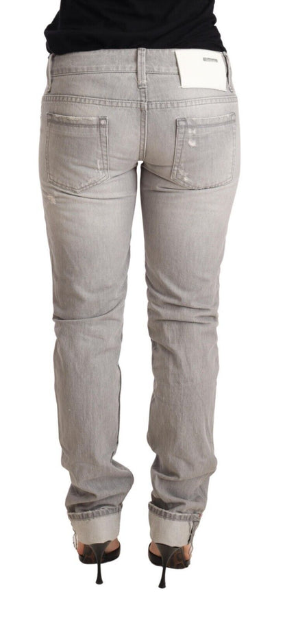 Jeans denim da donna in cotone strappato slim fit con orlo piegato grigio