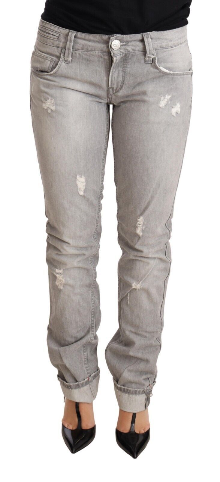 Jeans denim da donna in cotone strappato slim fit con orlo piegato grigio