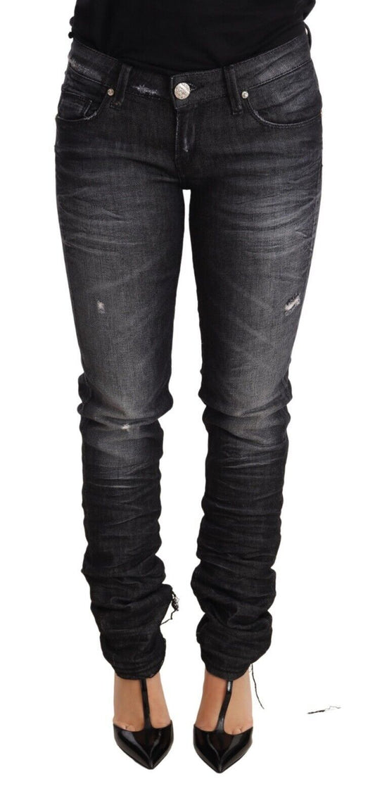 Schwarze Skinny-Denim-Hosenjeans mit niedriger Taille, gewaschener Baumwolle