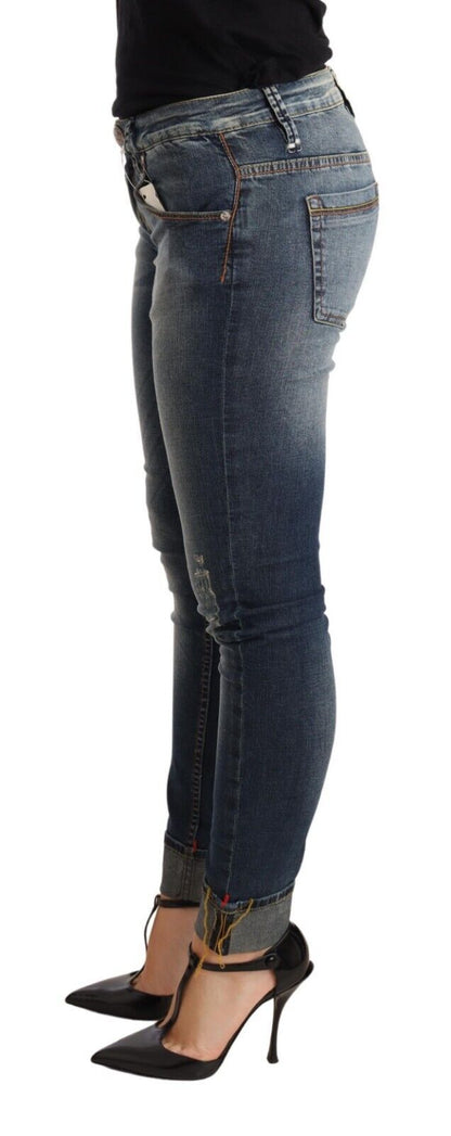 Jeans per pantaloni da donna in denim skinny a vita bassa in cotone lavato blu