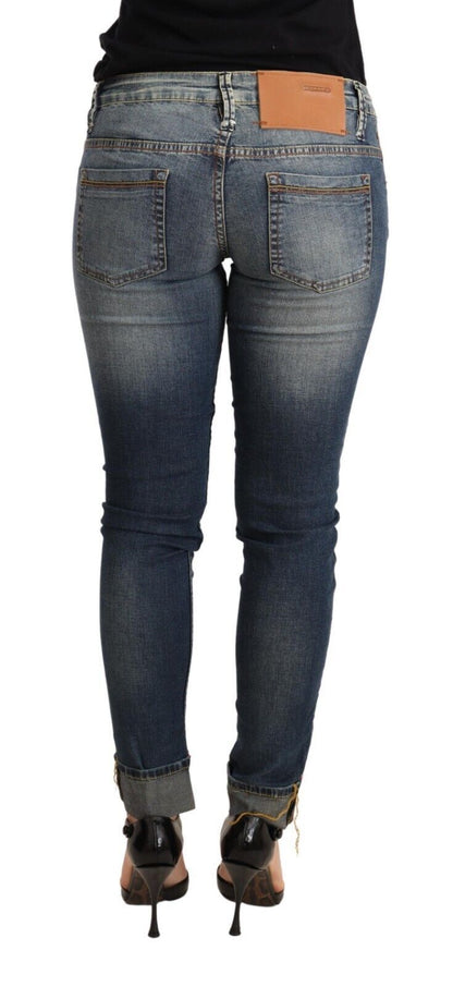 Jean skinny taille basse en coton lavé bleu pour femme