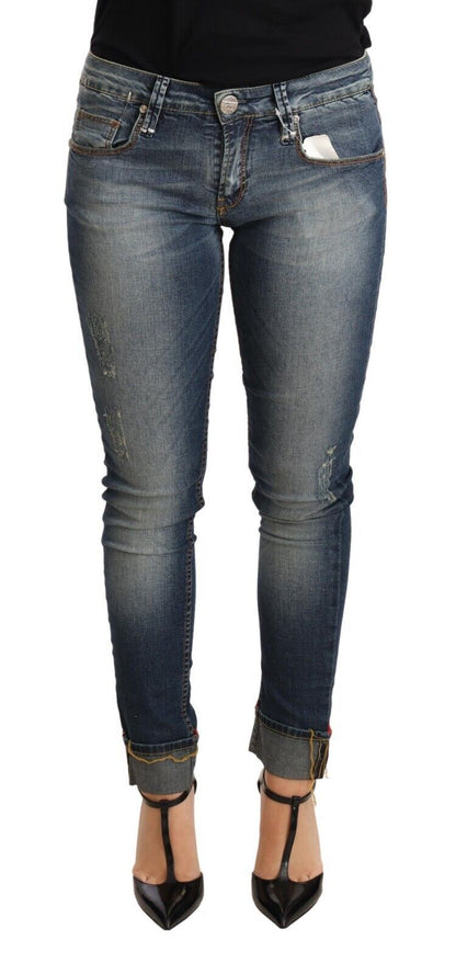 Jeans per pantaloni da donna in denim skinny a vita bassa in cotone lavato blu