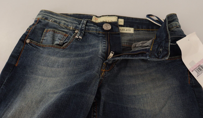 Jeans per pantaloni da donna in denim skinny a vita bassa in cotone lavato blu