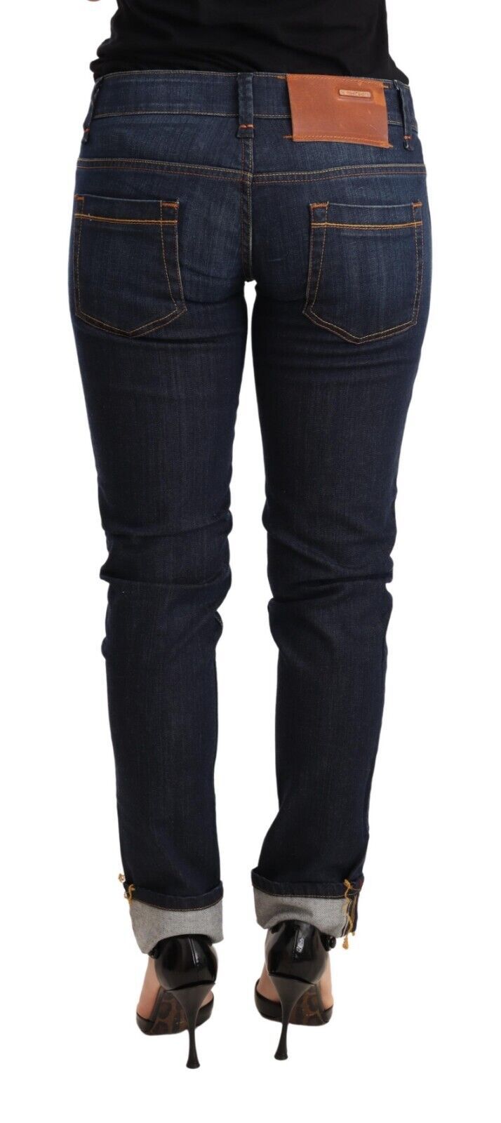 Jeans per pantaloni da donna in denim skinny a vita bassa in cotone lavato blu