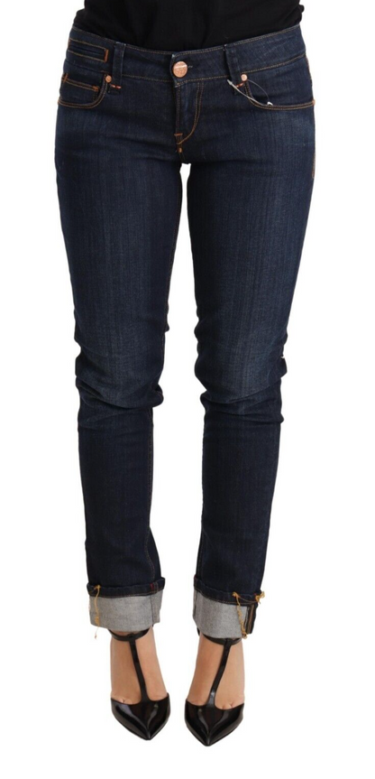 Jean skinny taille basse en coton lavé bleu pour femme