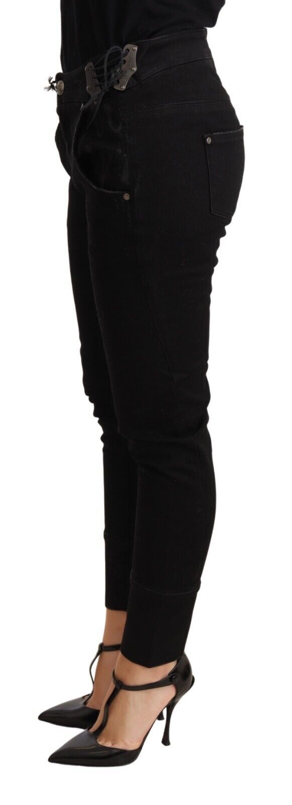 Schwarze Skinny-Slim-Hose aus Baumwolle mit niedriger Taille