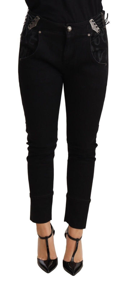 Schwarze Skinny-Slim-Hose aus Baumwolle mit niedriger Taille