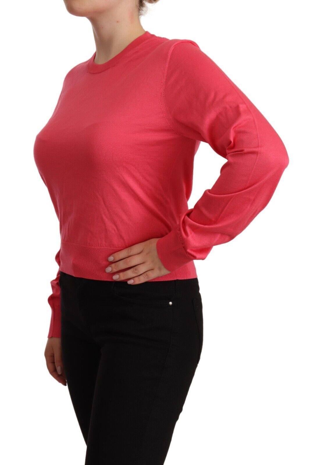 Maglione top pullover girocollo in seta rosa