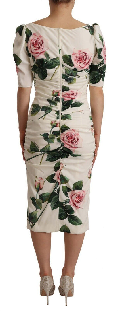 Weißes, plissiertes Kleid aus Stretch-Seide mit Rosen-Print