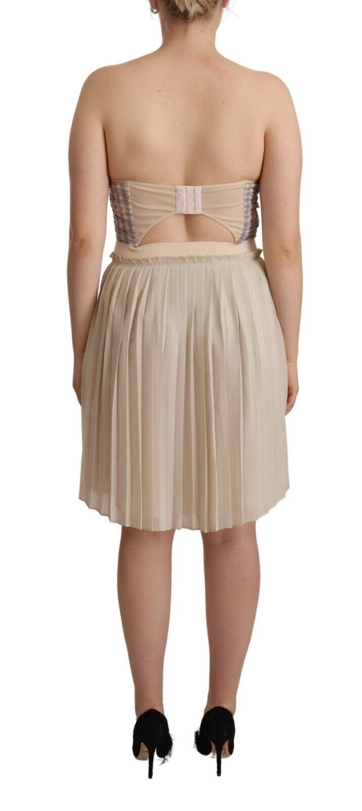 Abito bustier senza spalline a pieghe a quadretti beige