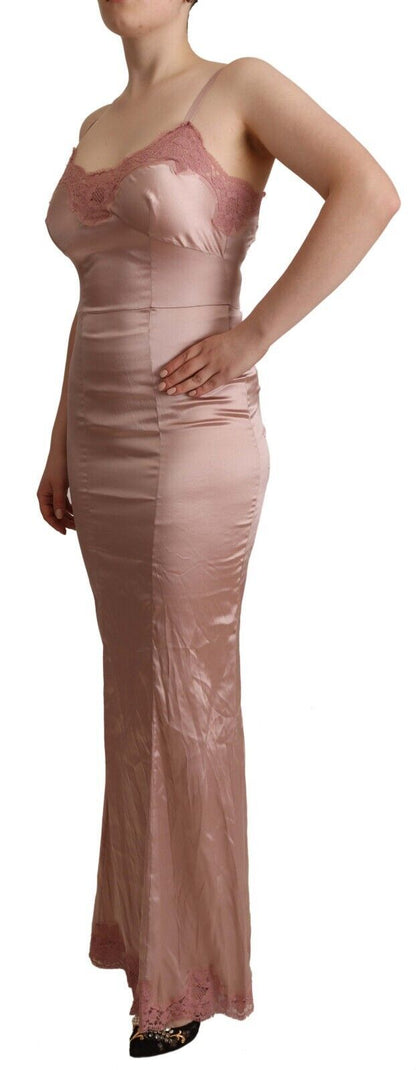 Langes, figurbetontes Maxi-Polyesterkleid aus rosa Spitze