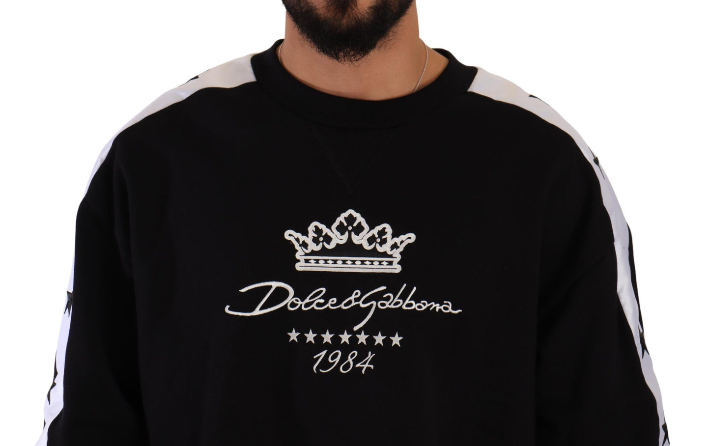 Pullover girocollo in cotone nero con corona di stelle del 1984 Nero