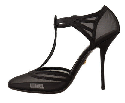 Schwarze Mesh-Pumps mit T-Riemen und Stiletto-Absätzen