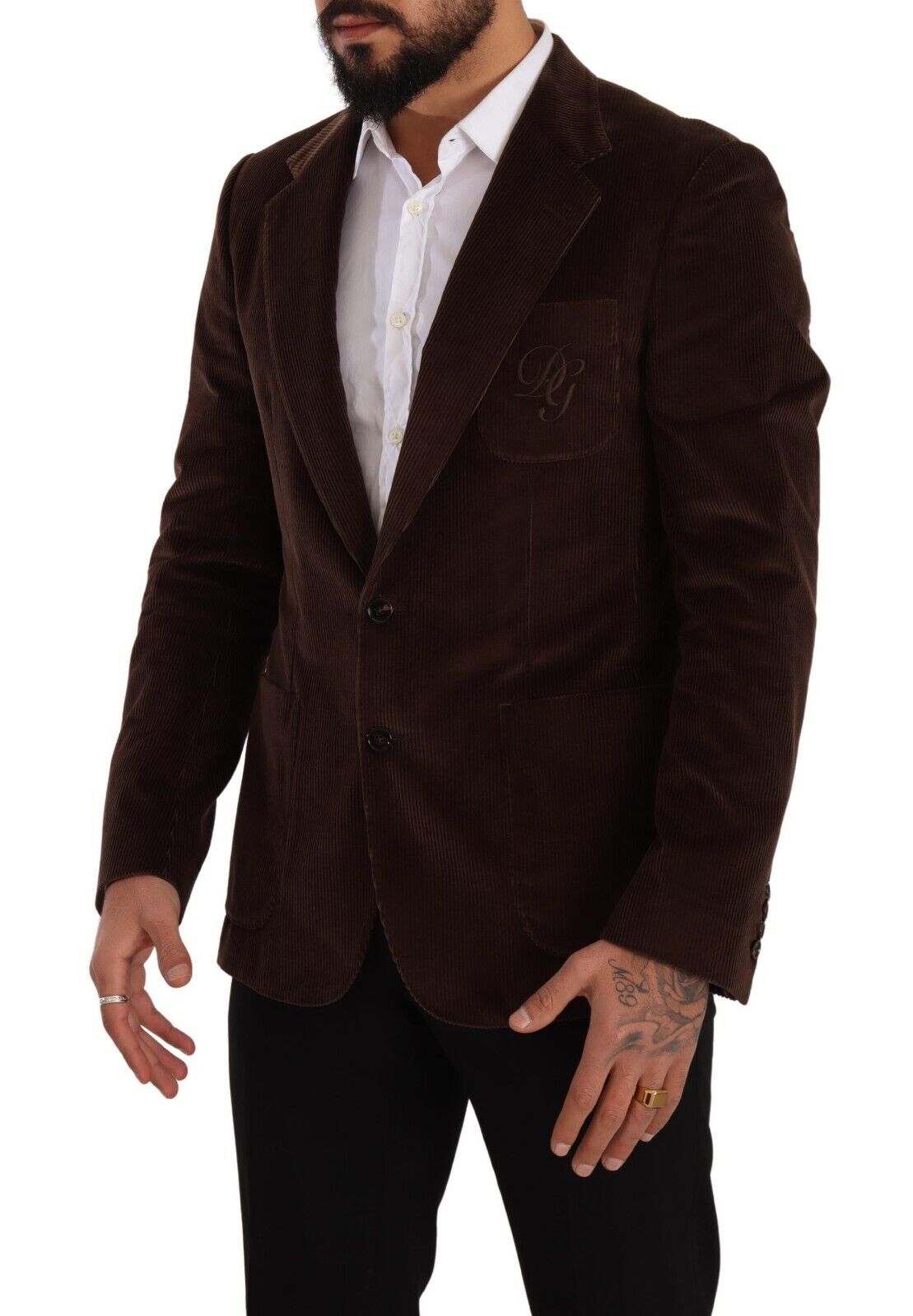 Cappotto slim fit in velluto a coste marrone Blazer con logo DG