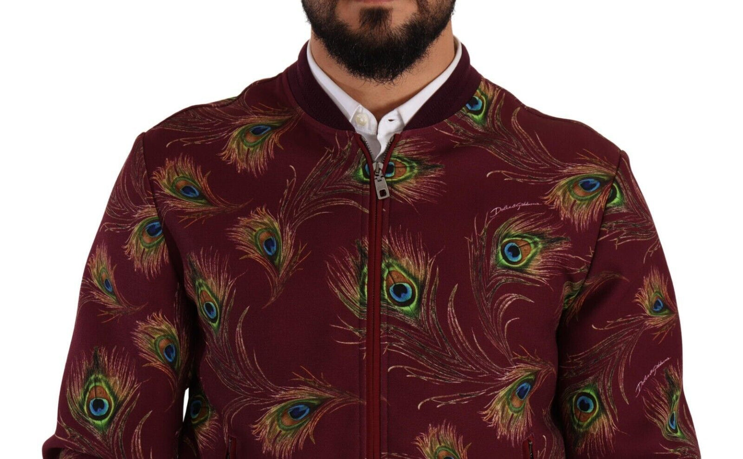 Rote Pfauen-Polyester-Stretch-Jacke mit durchgehendem Reißverschluss