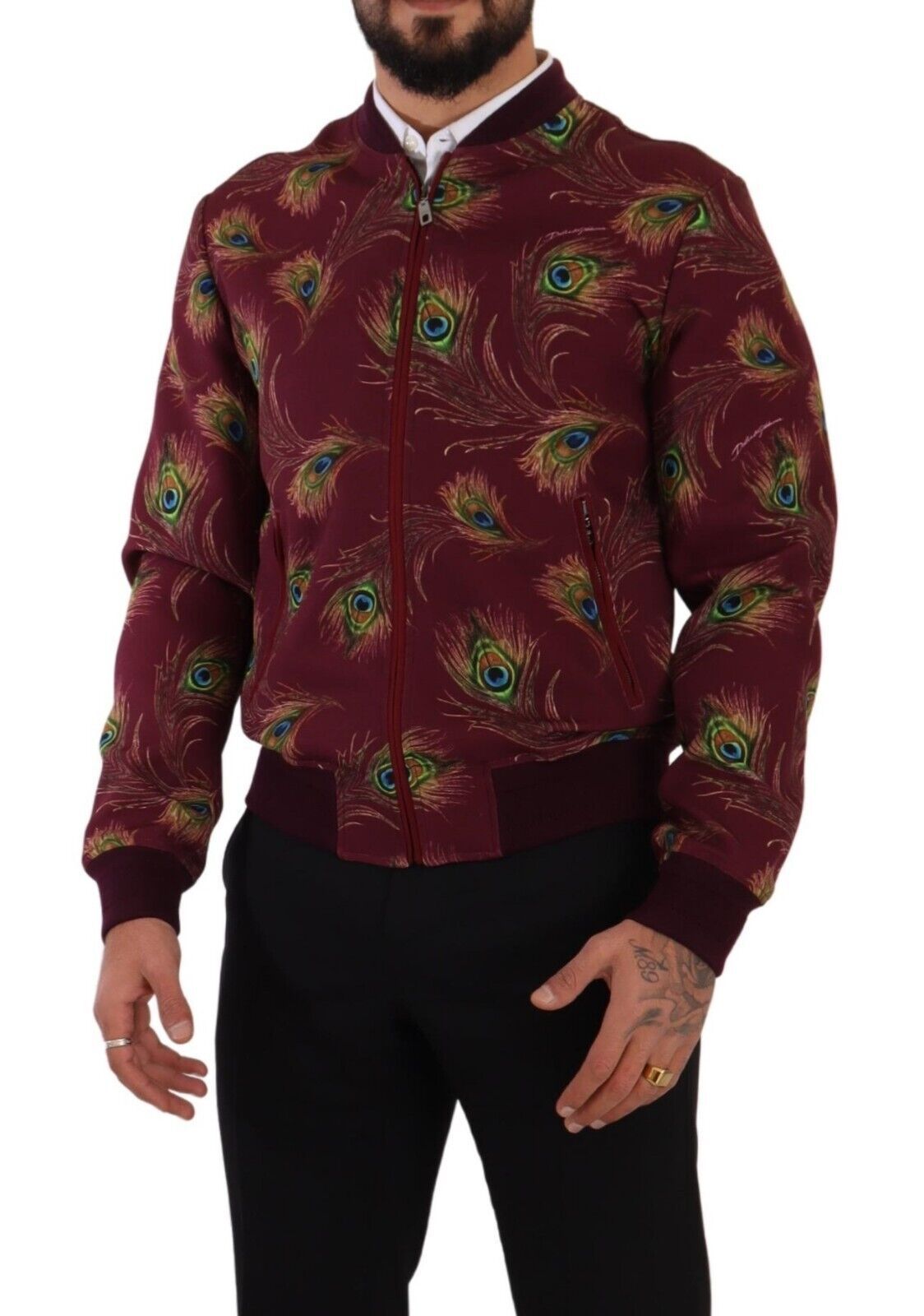 Rote Pfauen-Polyester-Stretch-Jacke mit durchgehendem Reißverschluss