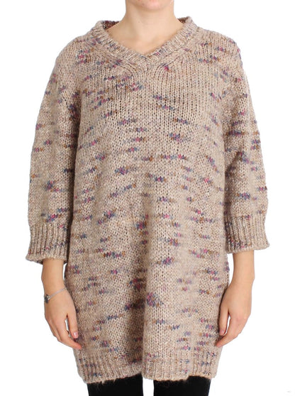 Beige gestrickter Oversize-Pullover aus Wollmischung