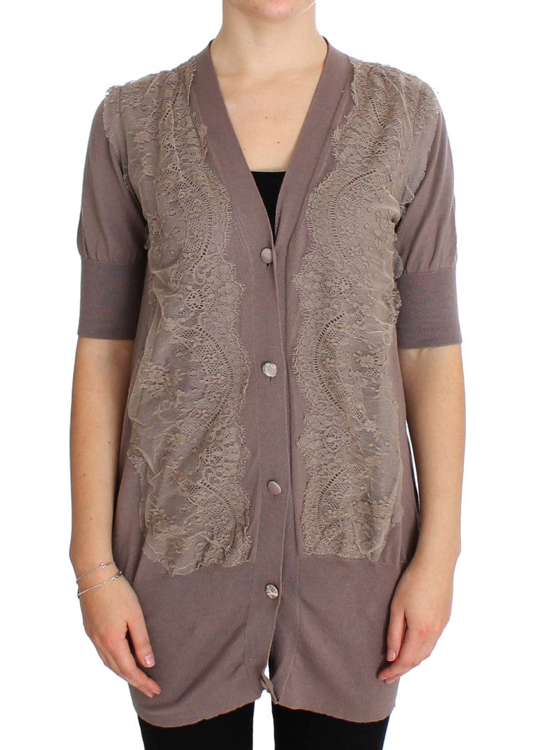 Pull cardigan en coton et dentelle violet