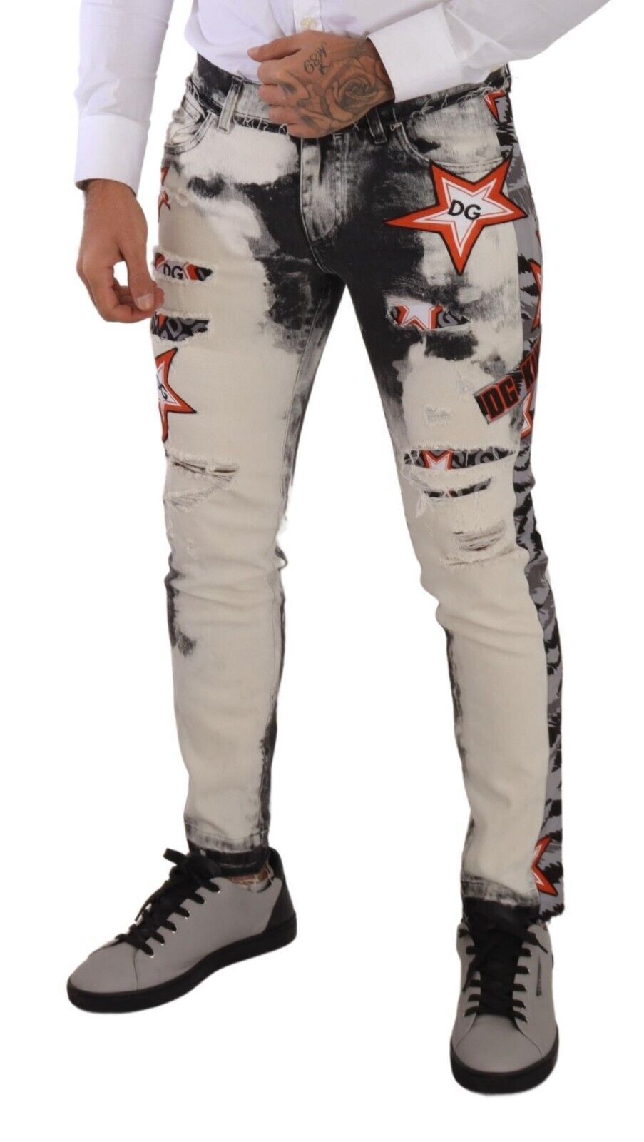 Jeans skinny in denim effetto invecchiato in cotone bianco nero