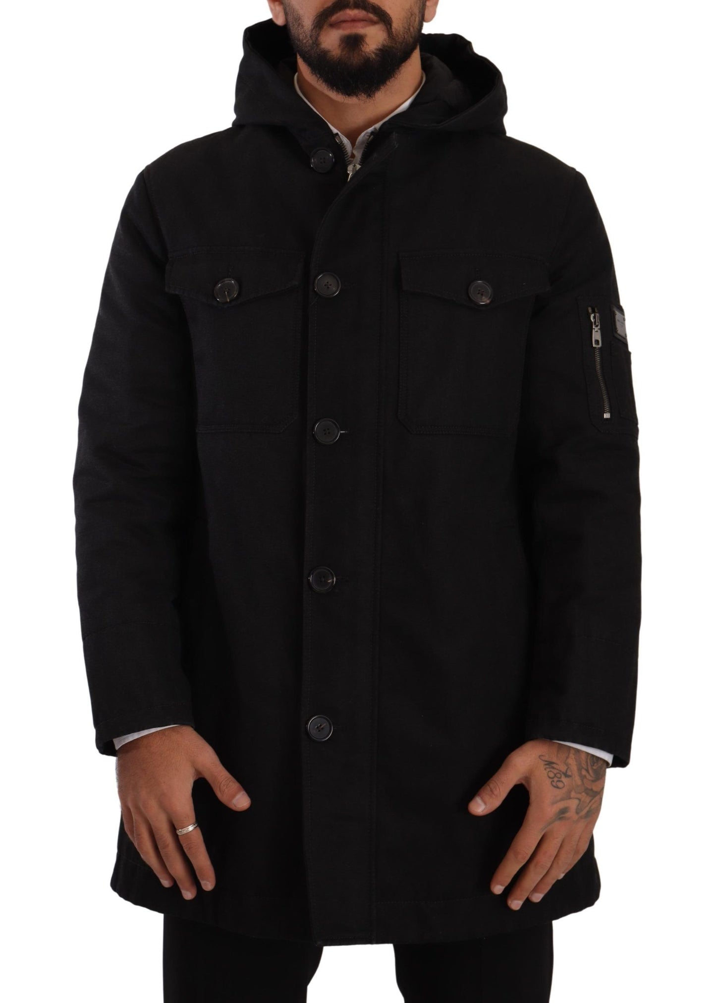 Giacca invernale con cappuccio parka in denim nero