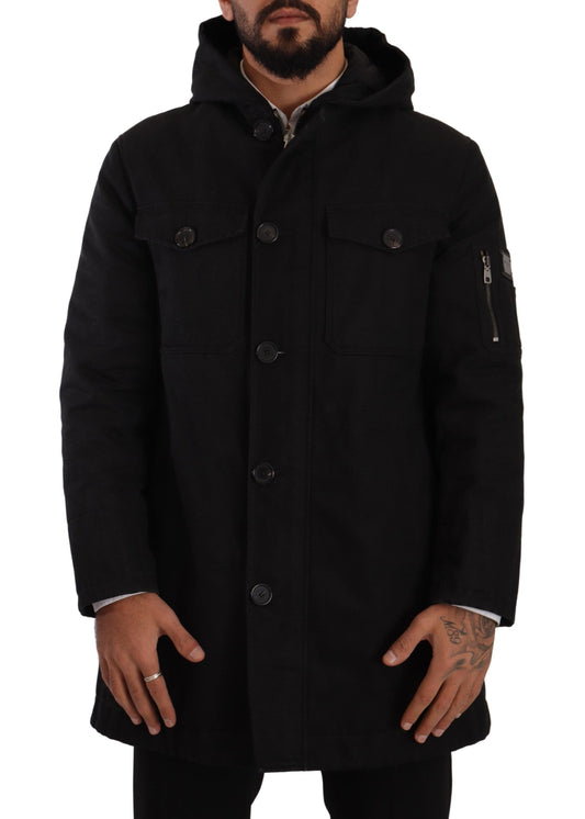 Schwarzer Jeans-Parka-Mantel mit Kapuze und Winterjacke