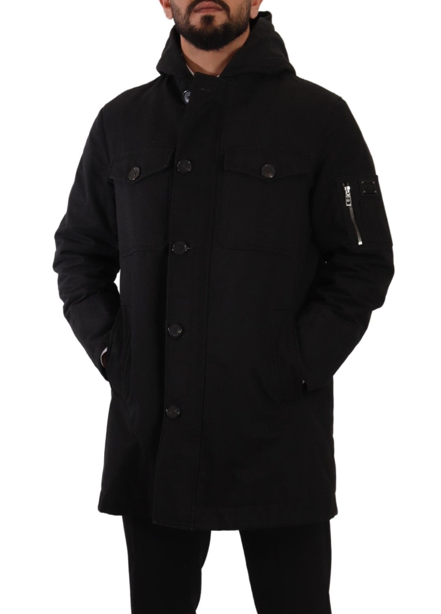 Schwarzer Jeans-Parka-Mantel mit Kapuze und Winterjacke