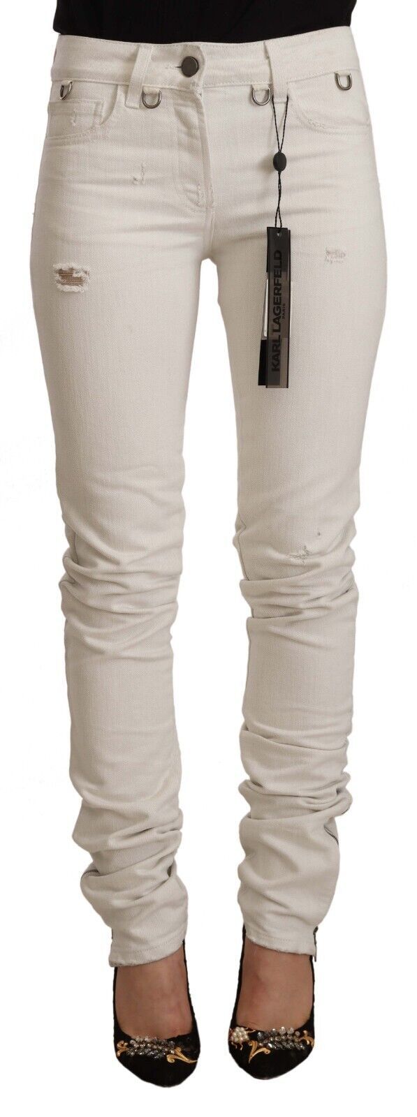 Jeans slim fit in denim di cotone bianco a vita media