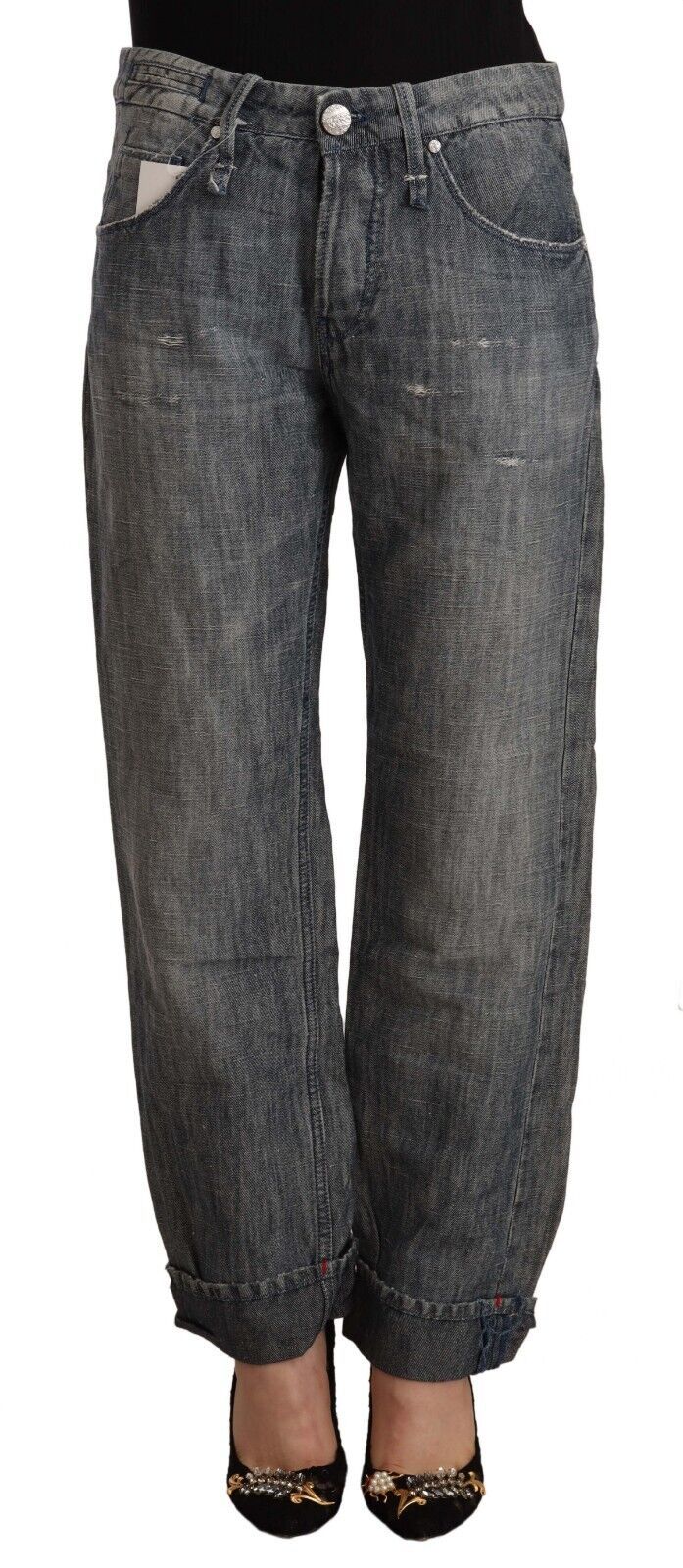 Grau gewaschene Ramie-Jeans aus geradem Denim mit gefaltetem Saum