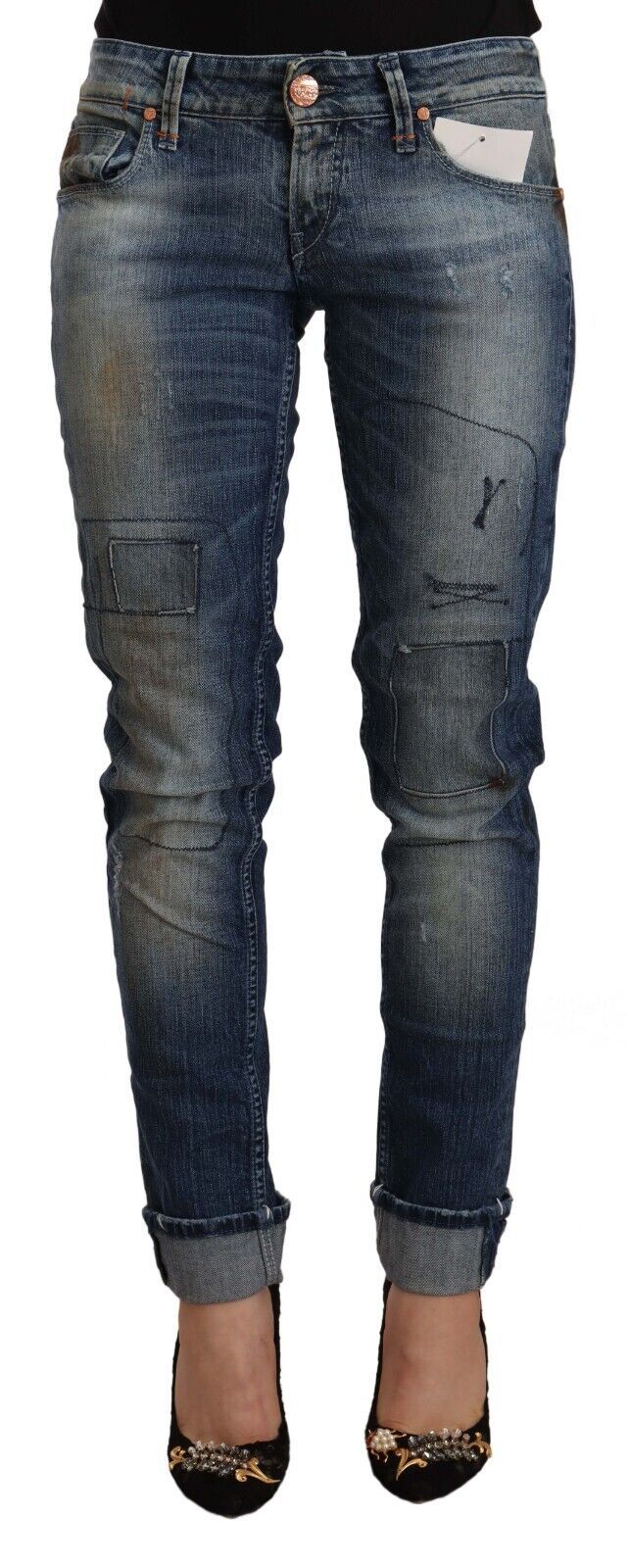 Jeans slim fit blu lavati a vita bassa con orlo piegato