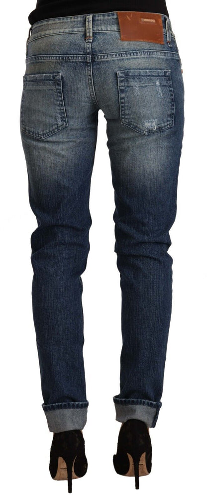 Jeans slim fit blu lavati a vita bassa con orlo piegato