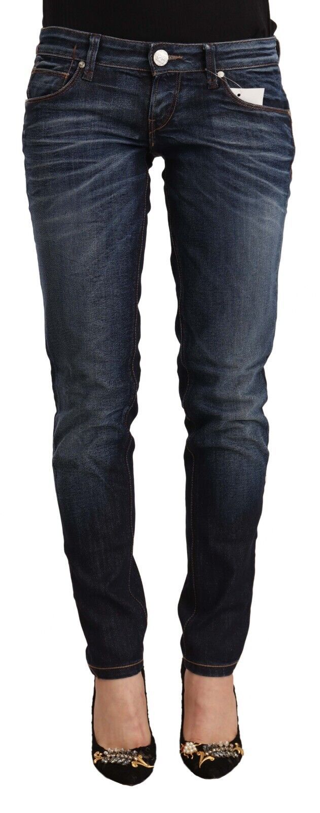 Blaue Skinny-Jeans aus gewaschener Baumwolle mit niedriger Taille