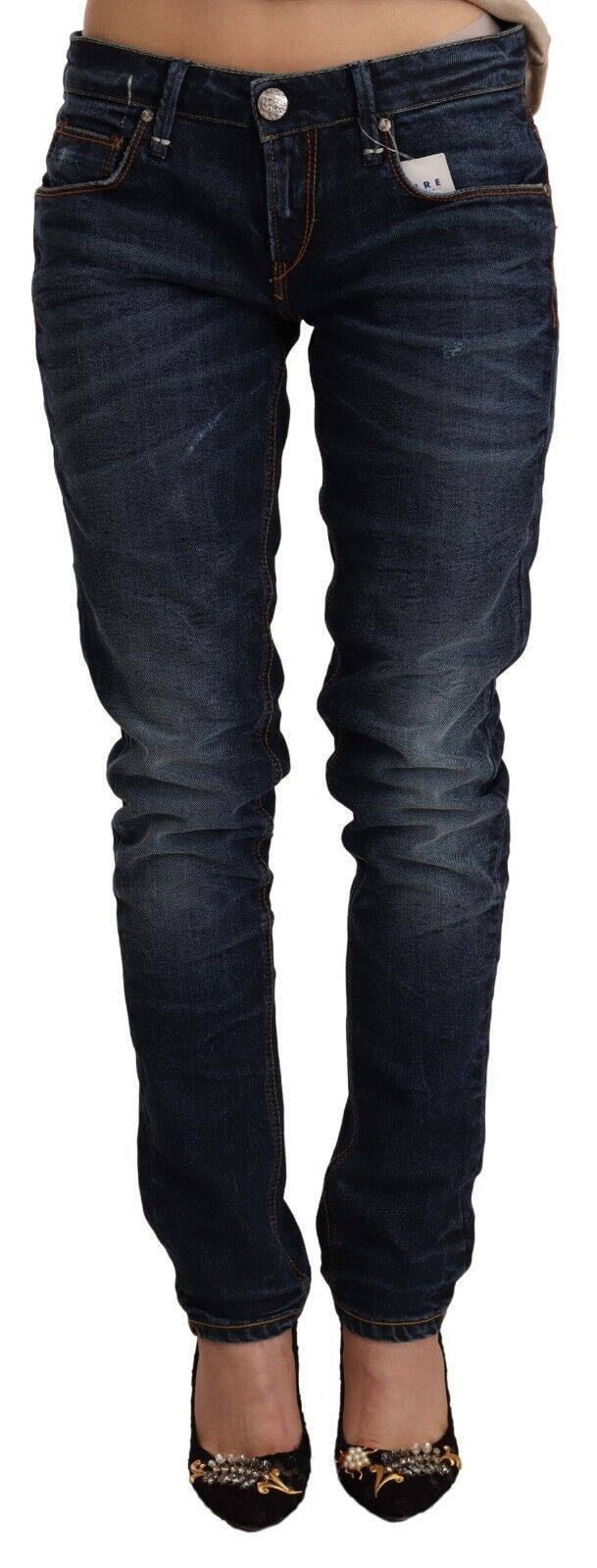 Blaue Skinny-Jeans aus gewaschener Baumwolle mit niedriger Taille