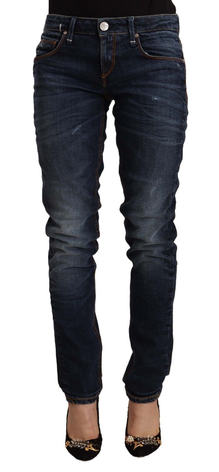 Jeans skinny in denim a vita media in cotone lavato blu