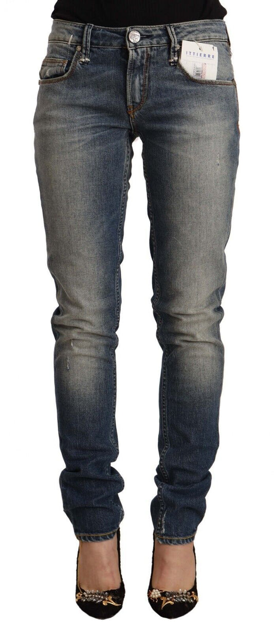 Jeans skinny in denim a vita media in cotone lavato blu