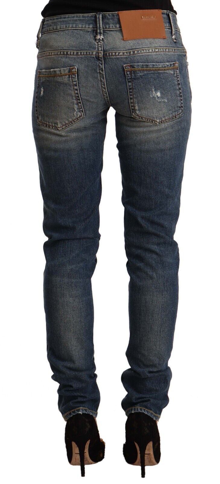 Jeans skinny in denim a vita media in cotone lavato blu