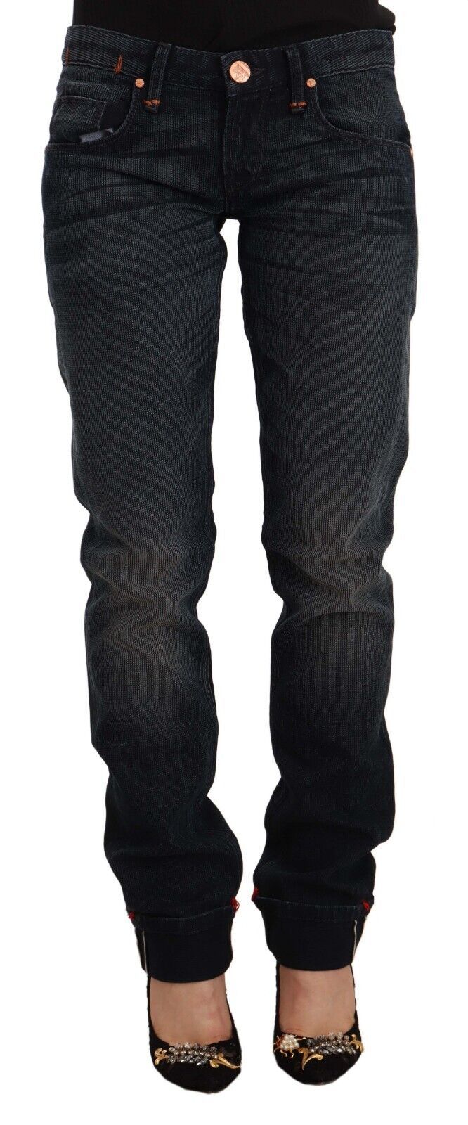 Jeans skinny a vita bassa in denim di cotone lavato nero