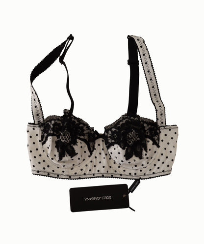 Soutien-gorge balconnet en dentelle satinée à pois blanc et noir