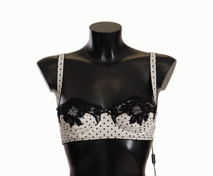 Soutien-gorge balconnet en dentelle satinée à pois blanc et noir