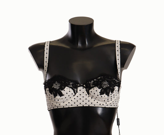 Reggiseno a balconcino in pizzo satinato bianco nero a pois