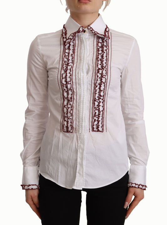 Camicia con colletto a volant a maniche lunghe in pizzo di cotone bianco