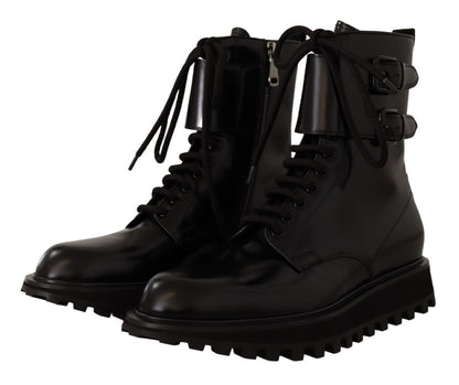 Schwarze Leder-Combat-Schnürstiefel für Herren