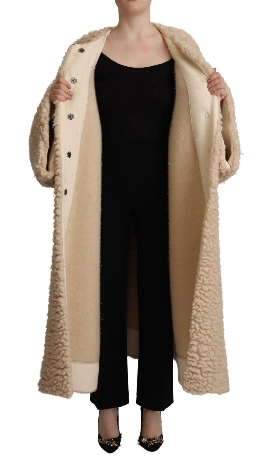 Giacca cappotto in pelliccia sintetica di lana cashmere beige